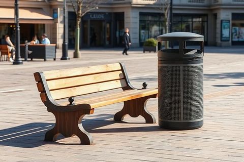 Banc de fusta i papereta en una plaça
