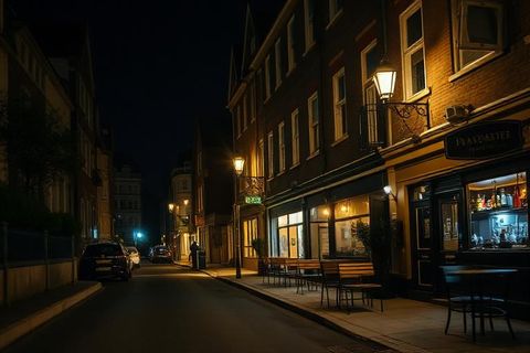 Carrer del poble de nit amb una terrassa il·luminada
